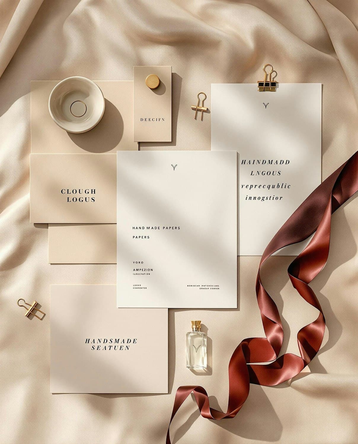 Flatlay mit minimalistischer Papeterie, Parfumflakon und Seidenband auf beigem Grund