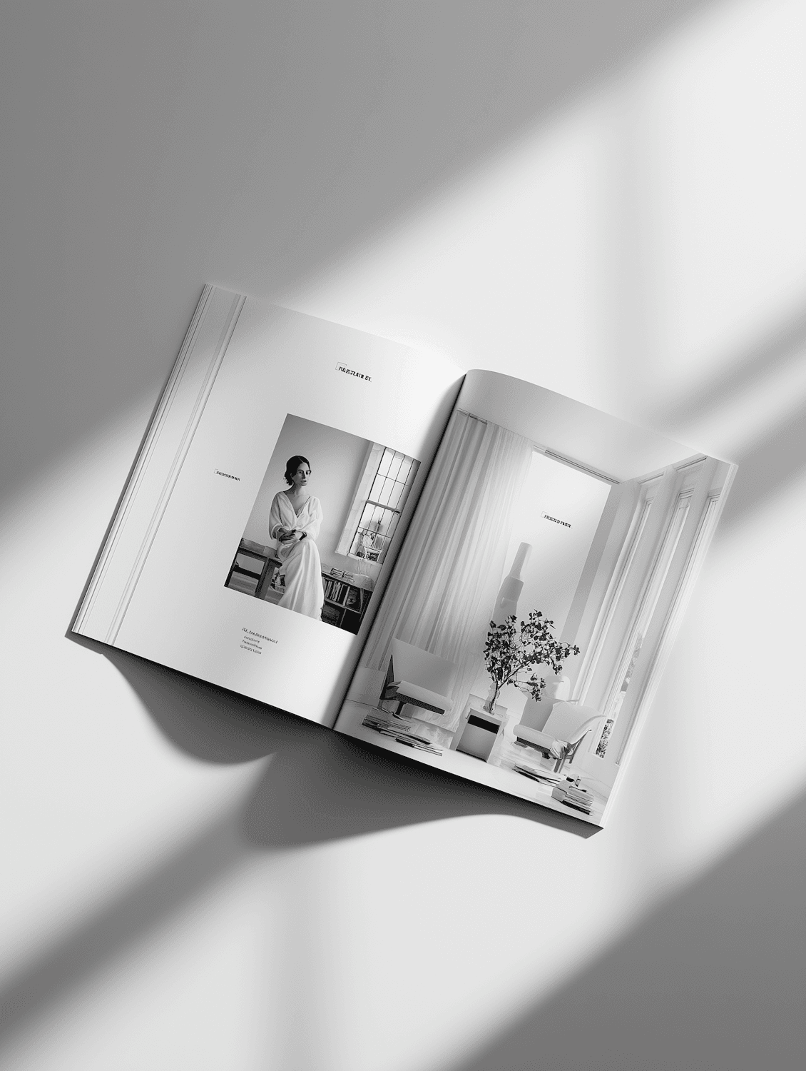 Aufgeschlagenes Magazin mit ruhigem, redaktionellem Layout im Tageslicht
