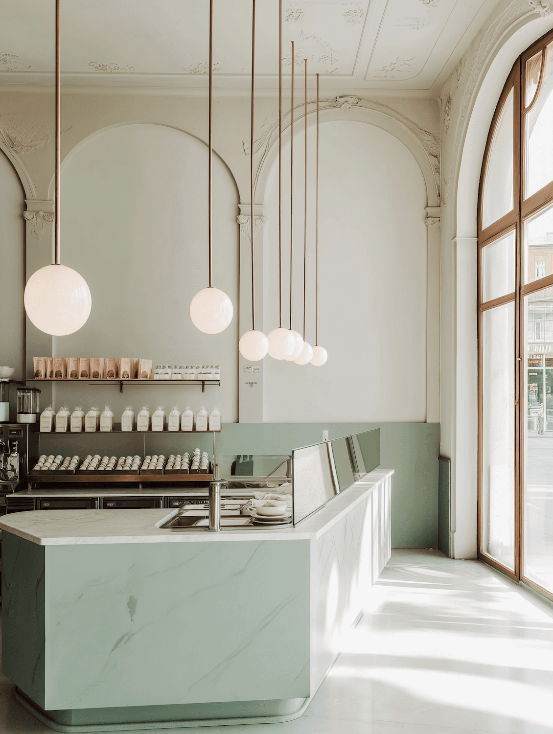 Helles Caféinterieur mit pastellgrünem Tresen und Messingleuchten